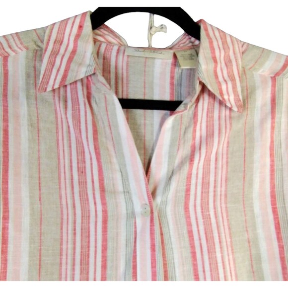 Studio Works Shirt Size M Linen Tan Red Stripe Tab Sleeve Resort Beach Coastal - Picture 3 of 7